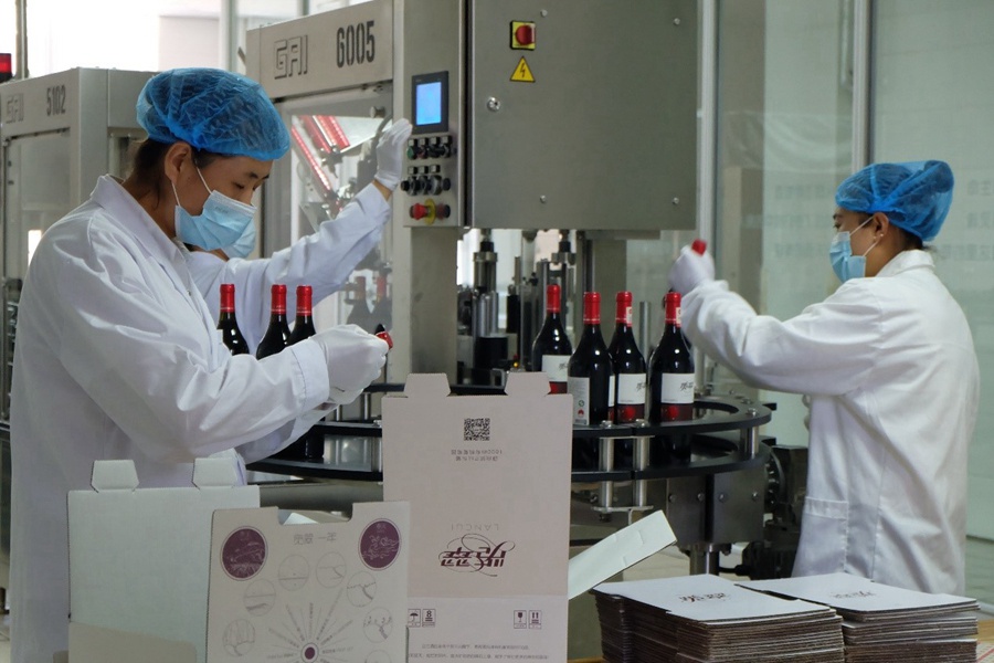 I dipendenti lavorano all'interno del laboratorio di etichettatura di vino presso un'azienda vinicola nel comune di Minning, nella contea di Yongning, città di Yinchuan, nella regione autonoma Ningxia Hui, Cina nordoccidentale. (6 luglio 2022 - Quotidiano del Popolo Online/Zhong Wenxing)