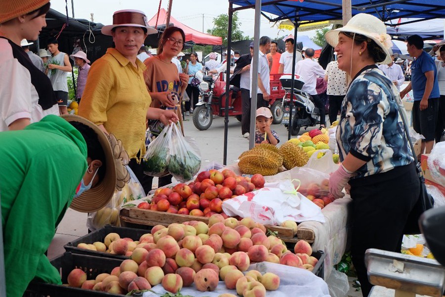 I residenti selezionano frutta fresca in un mercato nel villaggio Yuanlong del comune di Minning, contea di Yongning, Yinchuan, regione autonoma di Ningxia Hui nella Cina nord-occidentale. (8 luglio 2022 - Quotidiano del Popolo Online/Zhong Wenxing)