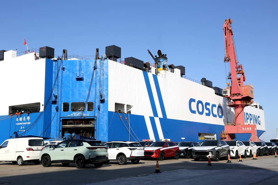 Veicoli pronti per l'esportazione attendono il carico al porto di Lianyungang, nella provincia del Jiangsu. (Wang Chun/China Daily)
