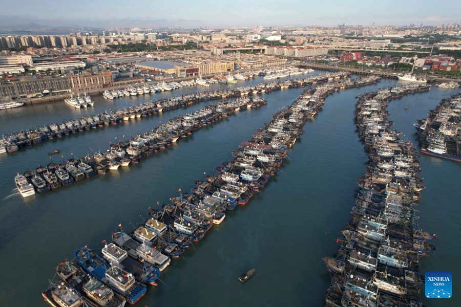 Imbarcazioni all'ancora in un porto per ripararsi dal tifone Podul a Xiamen, nella provincia del Fujian, Cina sudorientale. (12 agosto 2025 - Xinhua/Zeng Demeng)