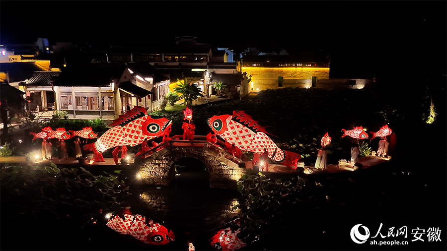 Lanterne a forma di pesce illuminano la notte a Chengkan, Anhui
